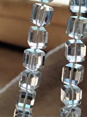 Vintage Faceted Clear Glass Crystal Cube Bead Necklace Hand Knotted 15.5"
